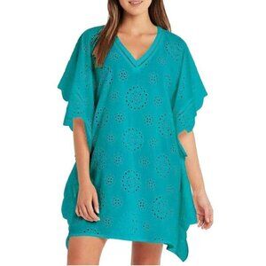 Sea Level Swim Embroidered Kaftan Tunic Cover-Up Seafoam Blue Vacation Large